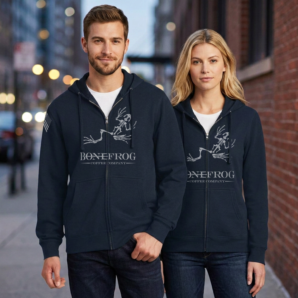 BoneFrog Classic Full-Zip Hoodie, Navy Blue with white logo