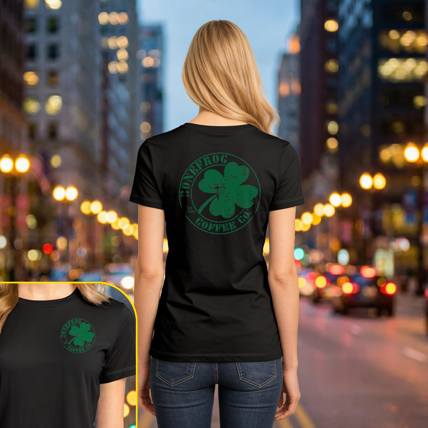 Bonefrog® Coffee Irish Pub Green Logo Ladies T-Shirt