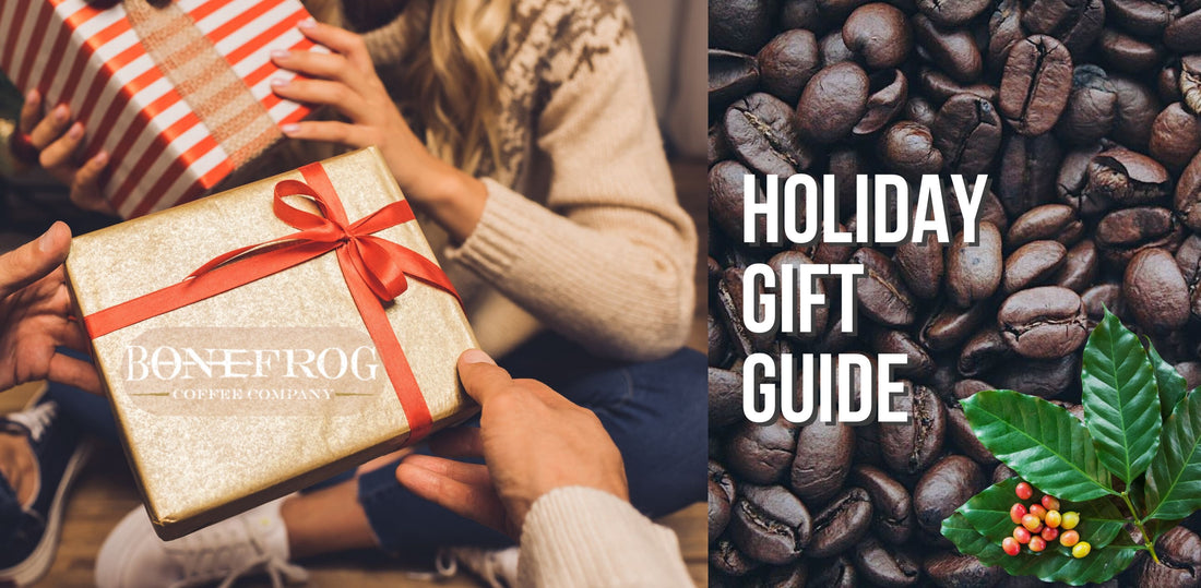 Bonefrog Coffee, a Veteran-Owned Coffee Company’s Holiday Gift Guide with a person handing another a gift.