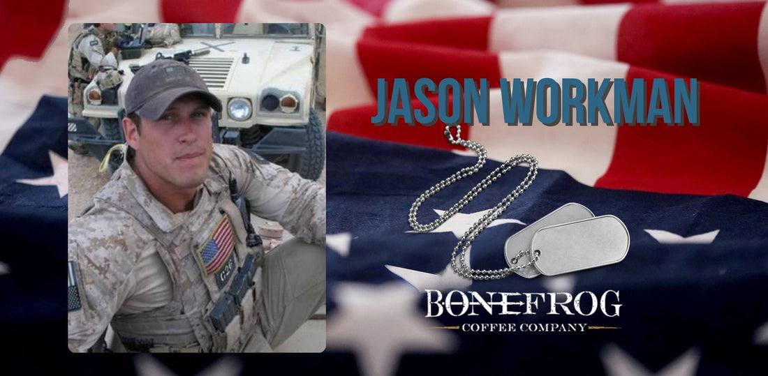 Jason Workman with dog tags and American Flag