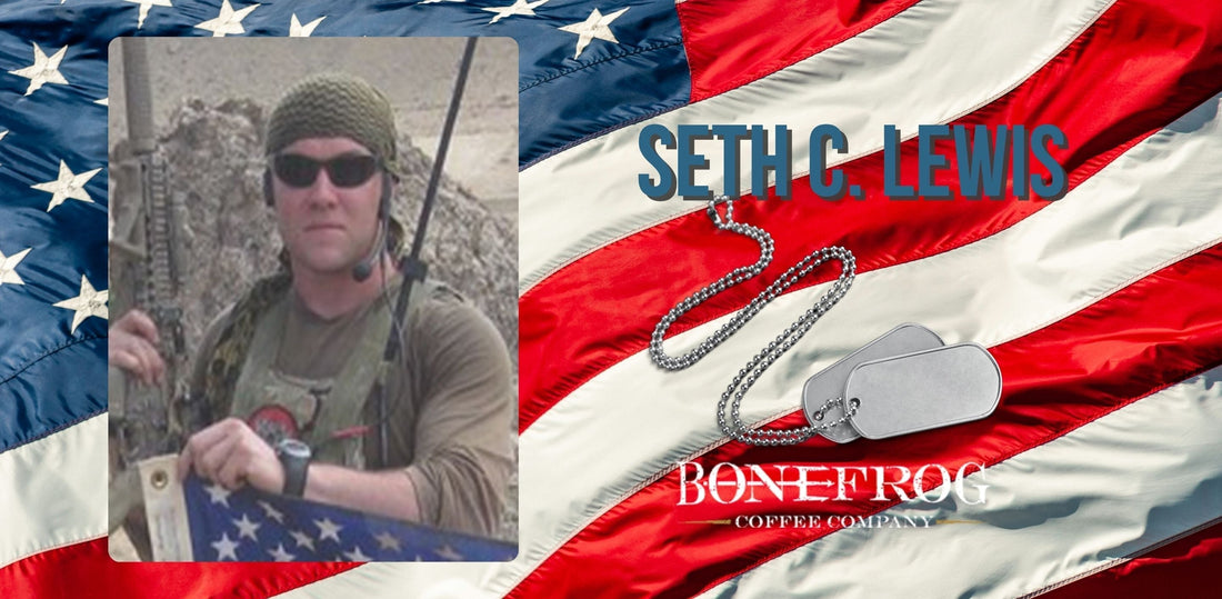 Photo of Seth C. Lewis with American Flag and dogtags