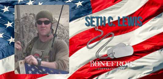 Photo of Seth C. Lewis with American Flag and dogtags