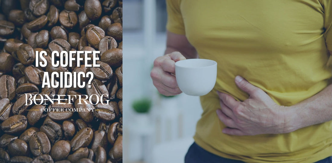 Man holding acidic coffee and grabbing his stomach in pain.