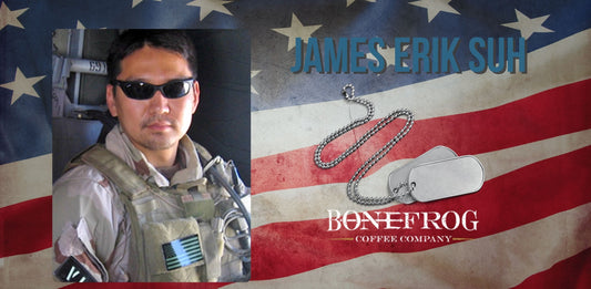 Image of Navy Seal James Erik Suh with American flag and dog tags