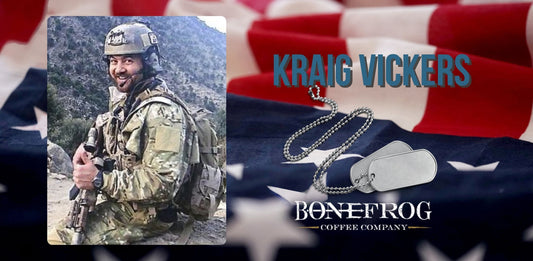 Kraig Vickers with dogtags and American Flag