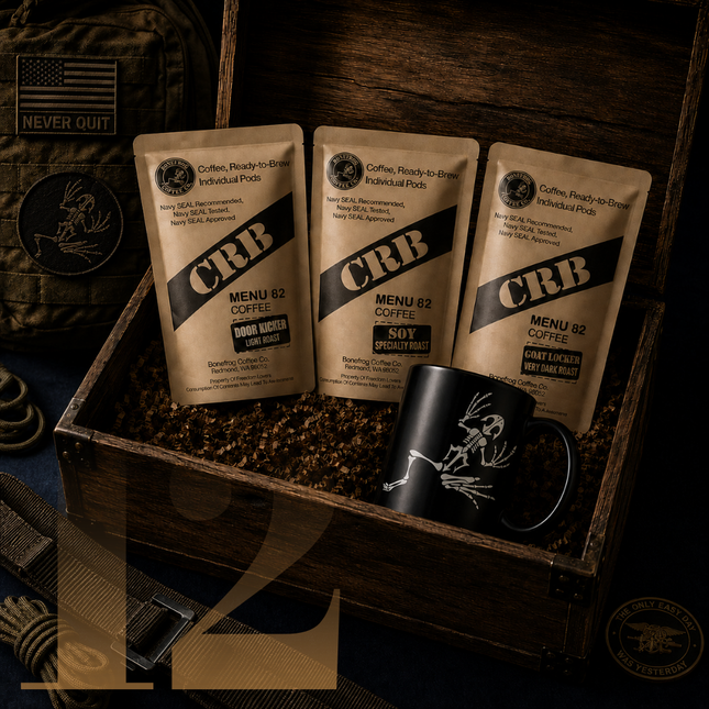 Three CRB coffee packages and a black mug in a wooden crate with military-themed decor.
