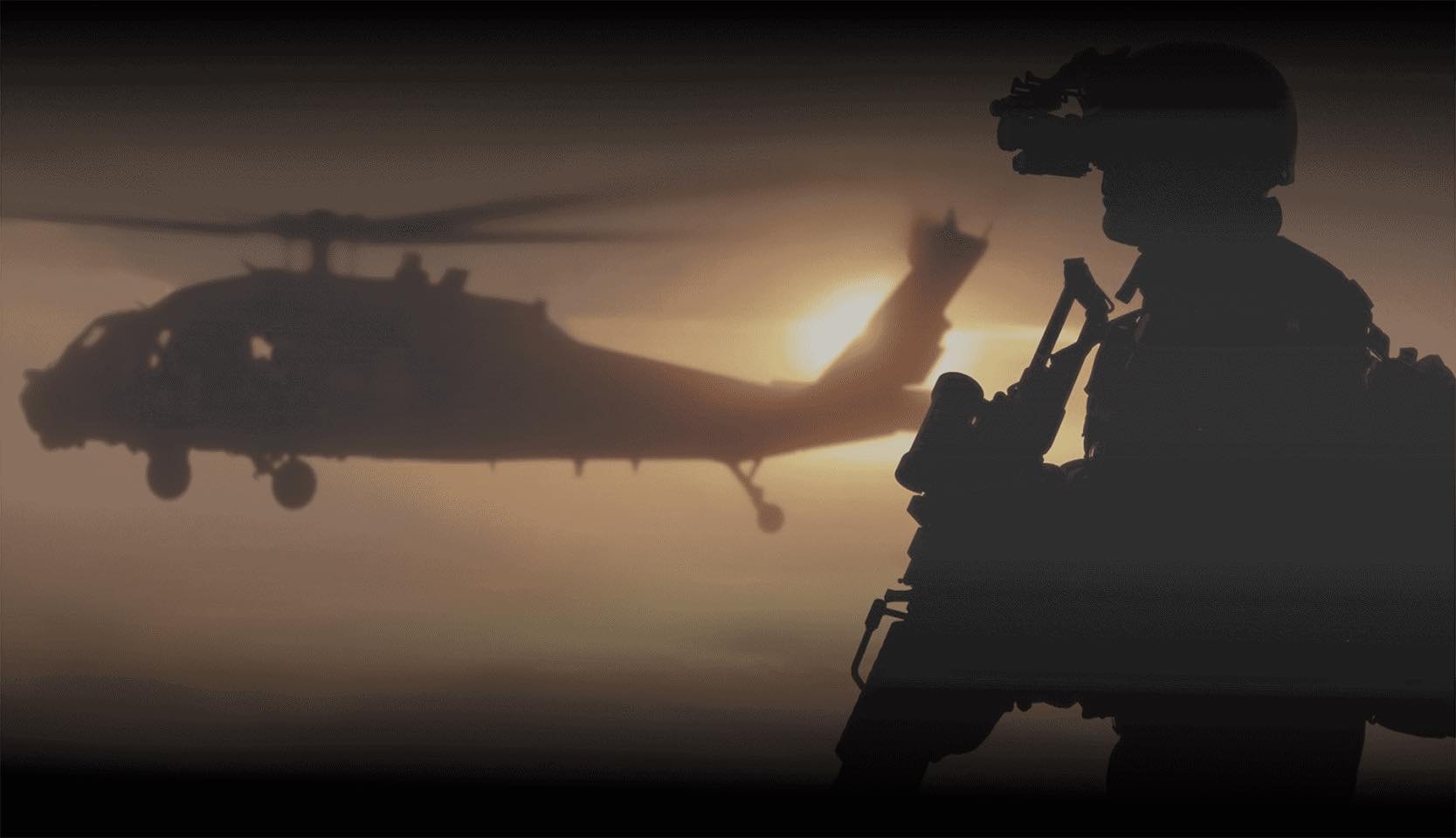 Navy Seal shadow and helicopter in background