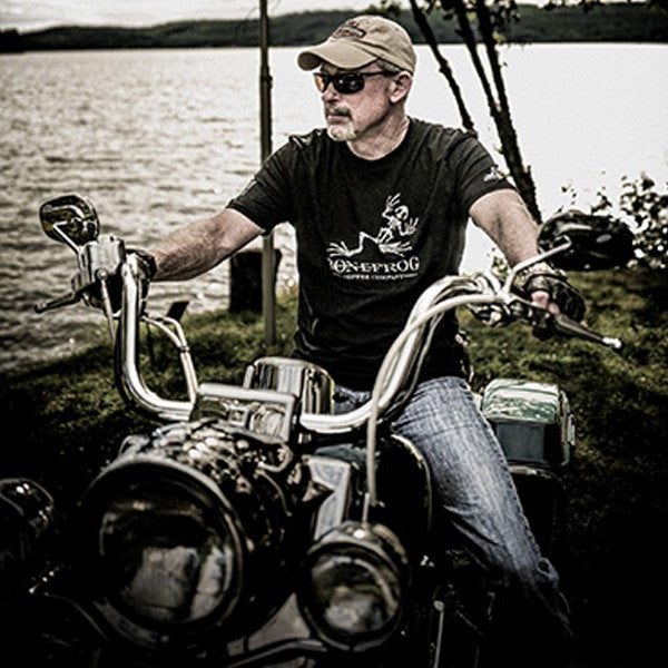 man on motorcycle with bonefrog tshirt