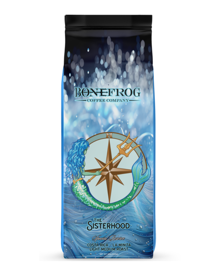 Coffee bag Sisterhood from Bonefrog Coffee Company with a blue and black design on a white background