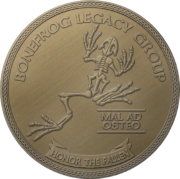 Bronze coin with skeleton frog design and text 'Bonefrog Legacy Group' on a white background