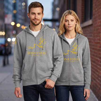 BoneFrog Classic Full-Zip Hoodie, Athletic Grey with gold logo
