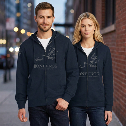 BoneFrog Classic Full-Zip Hoodie, Navy Blue with battleship grey logo