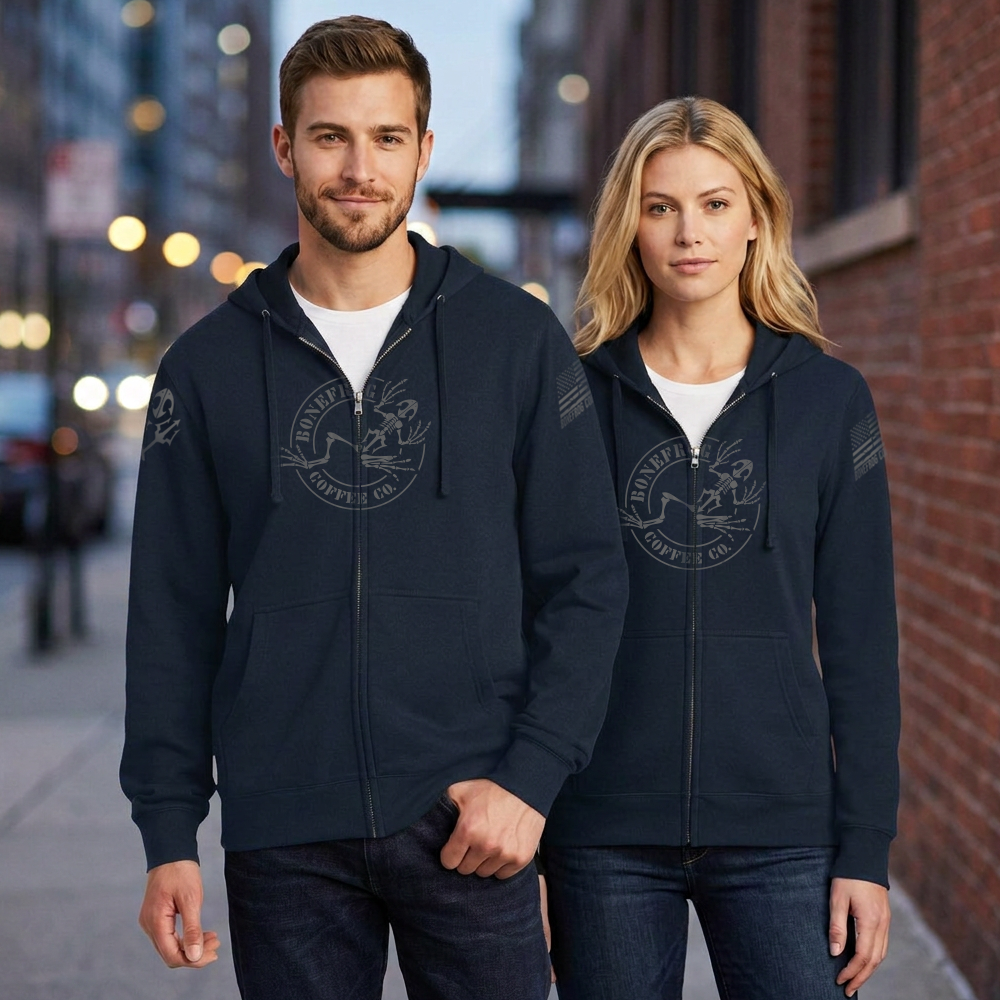BoneFrog Legacy Full-Zip Hoodie, Navy Blue with battleship grey logo