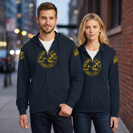 BoneFrog Legacy Full-Zip Hoodie, Navy Blue with gold logo
