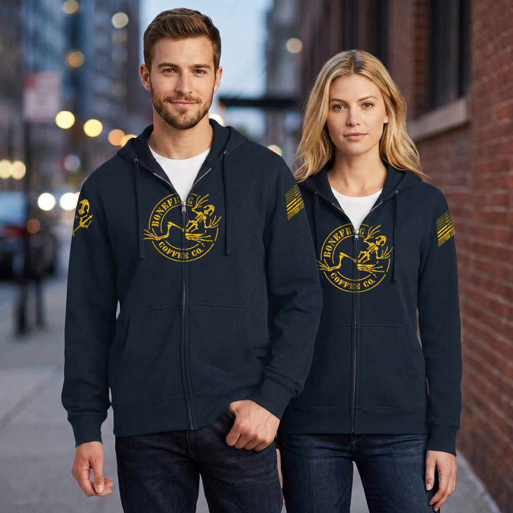 BoneFrog Legacy Full-Zip Hoodie, Navy Blue with gold logo