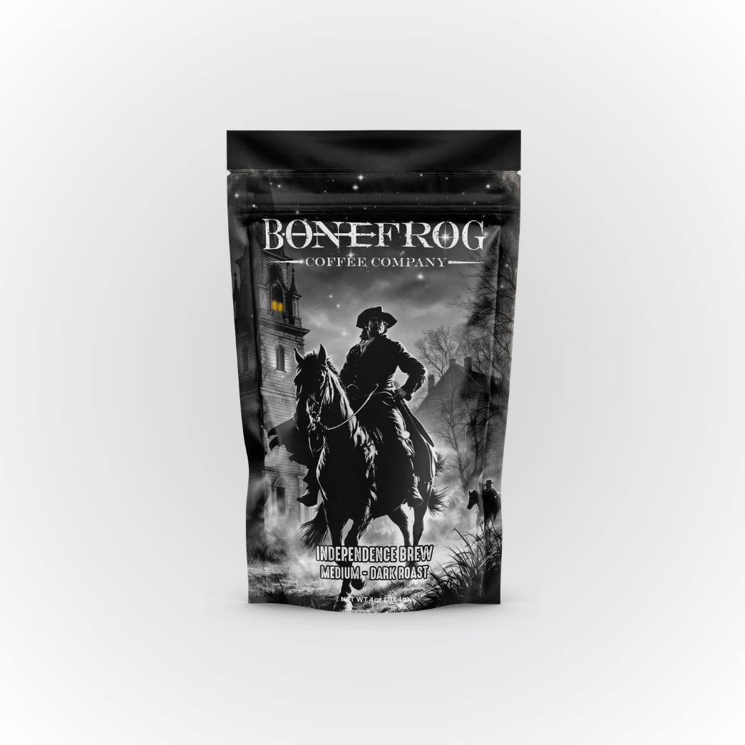 Coffee bag from Bonefrog Coffee Company with a black and white graphic of a person on a horse.