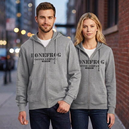 BoneFrog Vintage Full-Zip Hoodie, Athletic Grey with black logo