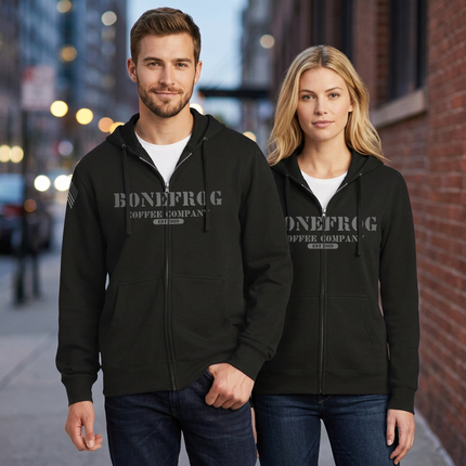 BoneFrog Vintage Full-Zip Hoodie, Black with battleship grey logo