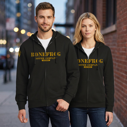 BoneFrog Vintage Full-Zip Hoodie, Black with gold logo