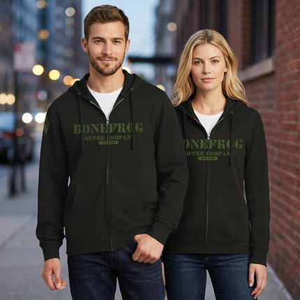 BoneFrog Vintage Full-Zip Hoodie, Black with green logo
