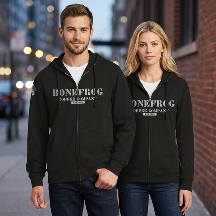 BoneFrog Vintage Full-Zip Hoodie, Black with white logo