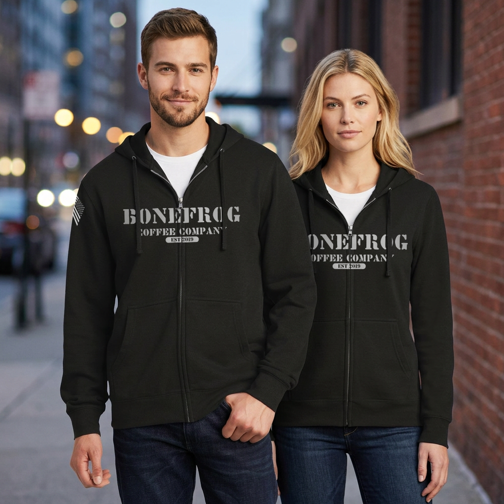 BoneFrog Vintage Full-Zip Hoodie, Black with white logo