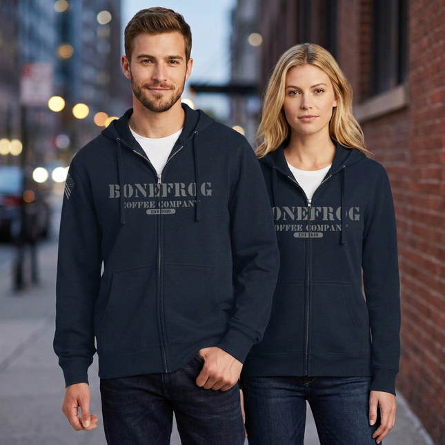 BoneFrog Vintage Full-Zip Hoodie, Navy Blue with battleship grey logo