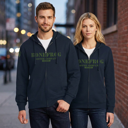BoneFrog Vintage Full-Zip Hoodie, Navy Blue with green logo