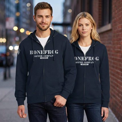 BoneFrog Vintage Full-Zip Hoodie, Navy Blue with white logo