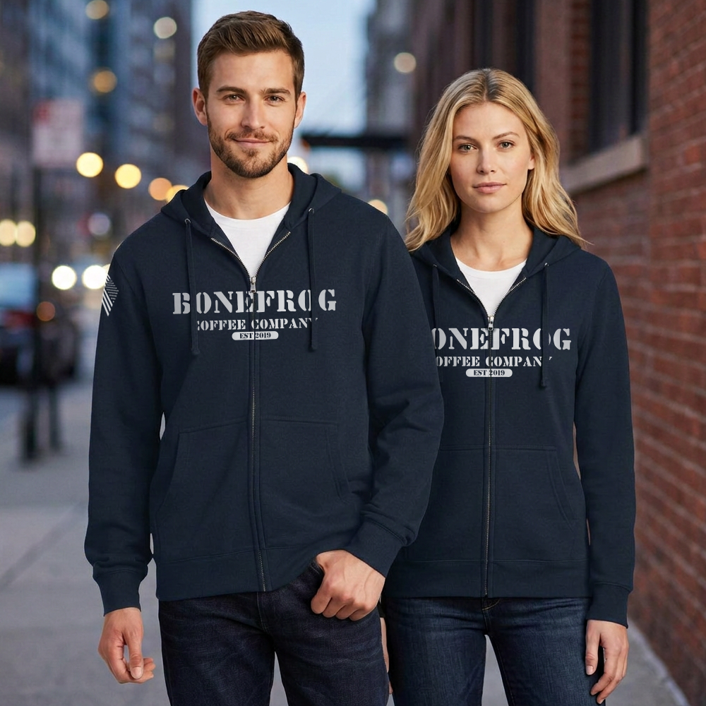 BoneFrog Vintage Full-Zip Hoodie, Navy Blue with white logo